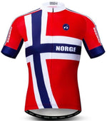The Norway Cycling Jersey features a large flag design with Norge on the front, blue and white stripes, and Norway on the sides. Made from lightweight polyester, it ensures comfort and breathability for performance-driven rides.