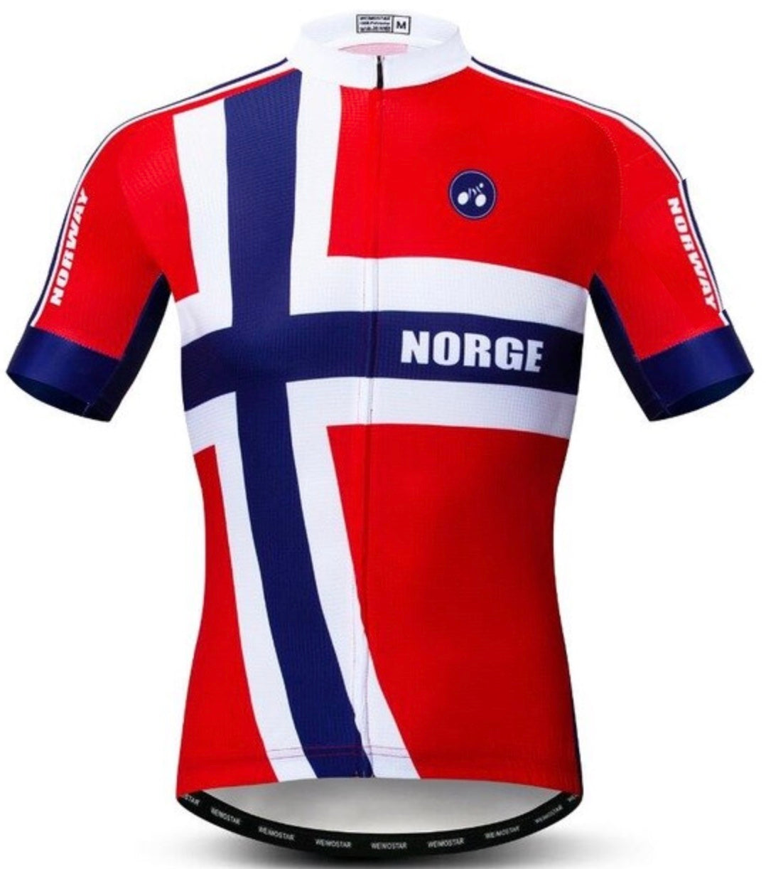 The Norway Cycling Jersey features a large flag design with Norge on the front, blue and white stripes, and Norway on the sides. Made from lightweight polyester, it ensures comfort and breathability for performance-driven rides.