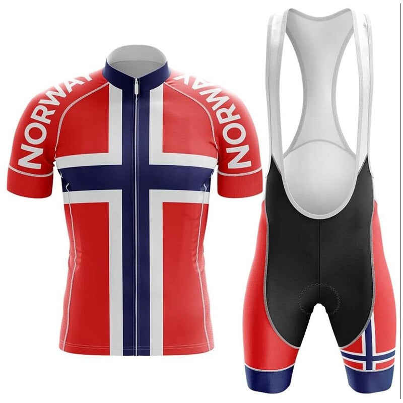 The Norway Pro Team Cycling Jersey Set features a vibrant red design with the national flag motif. Made of lightweight polyester, it includes a jersey with NORWAY on the sleeves and a full zipper, while the bib shorts have white straps and flag accents on the sides.