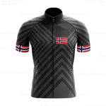 The Norway Pro Team Cycling Jersey features diagonal stripes, the Norwegian flag on the chest, additional flags on each sleeve, a front zipper, and a high collar for a sleek finish.