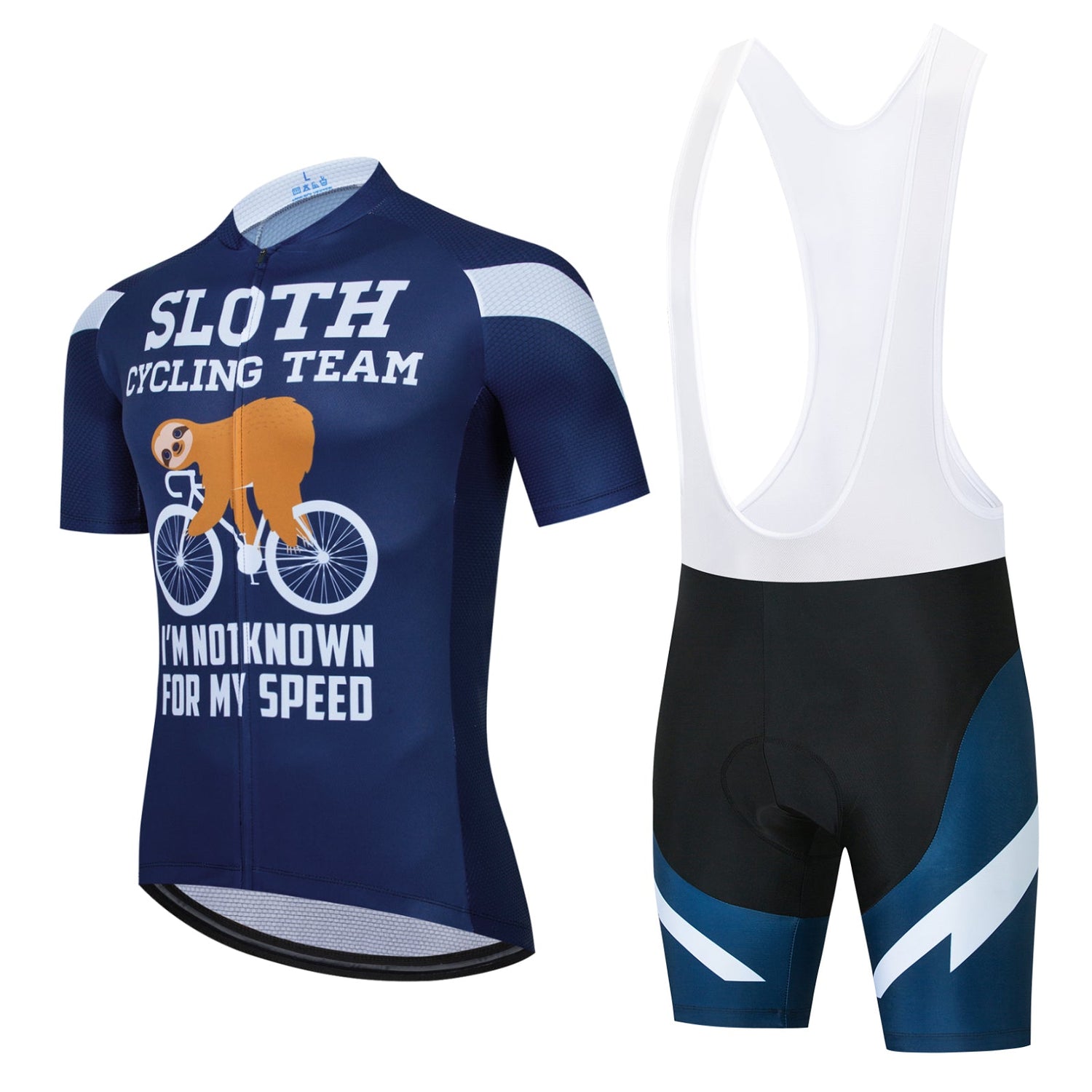 The Not Known For Speed Sloth Cycling Team Set includes a lightweight polyester cycling jersey with a blue sloth-on-a-bike design and the text Sloth Cycling Team: Im Not Known for My Speed, plus white and black bib shorts featuring blue accents and an internal silicone waist strip.