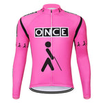 The ONCE Pink Long Sleeve Retro Cycling Jersey features a vintage style with a large ONCE logo, a stylized walking stick icon on the front, and black and white accents on the shoulders and arms for added retro appeal.