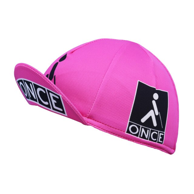 The Once Cycling Cap in pink features ONCE in black and white on the brim and side panel, a black and white abstract walking figure logo on one side, and breathable mesh for a comfortable, quick-drying fit.