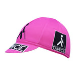 The Once Cycling Cap is pink, designed with breathable mesh for quick drying, and features a black and white logo on the front with ONCE text and a stylized cane-walking figure, ensuring ultimate comfort for every ride.