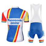 Relive the nostalgia with the Panasonic-Isostar Retro Cycling Jersey Set. Made from lightweight polyester, this breathable jersey ensures comfort and pairs impeccably with blue bib shorts accented in white and red. Ride stylishly and comfortably with this classic cycling kit.