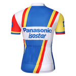 The Panasonic-Isostar Retro Cycling Jersey Set features a vibrant blue, yellow, red, and white design made from lightweight polyester for comfort and breathability. The sleeves display bold yellow and red patterns, while the shoulders are highlighted with blue panels featuring logos.