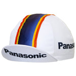 The Panasonic Retro Cycling Cap showcases a vintage design with vertical blue, yellow, and red stripes. Panasonic is printed in black on the front and side of the brim, embodying its classic style.