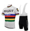 The Peugeot BP Michelin Retro Cycling Jersey Set features a white jersey with colorful stripes and PEUGEOT and MICHELIN logos, echoing the classic style of Eddy Merckx. The black bib shorts are adorned with the PEUGEOT logo on the leg for an authentic retro look.