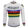 The Peugeot BP Michelin Retro Cycling Jersey, available with fleece, features a front zipper and PEUGEOT BP MICHELIN text. Its vibrant chest and cuff rainbow stripes evoke the classic cycling spirit of Eddy Merckxs era.