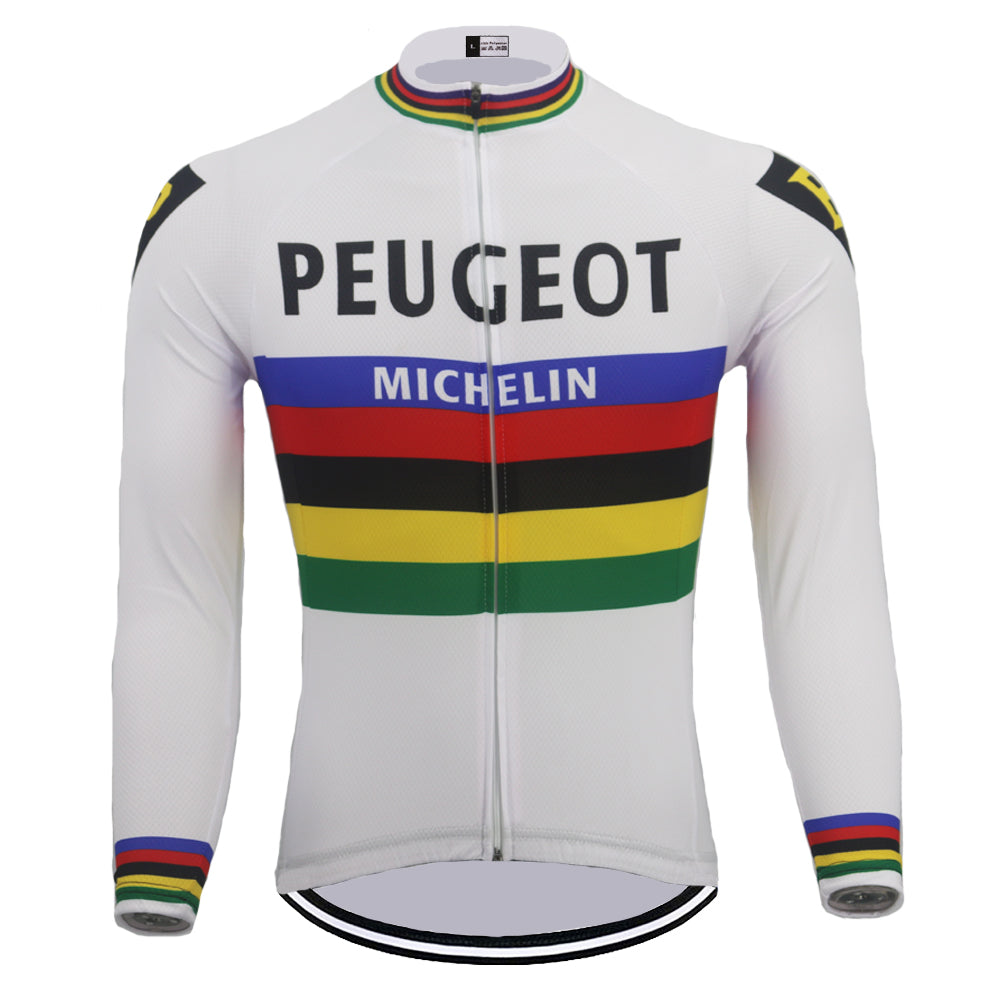 The Peugeot BP Michelin Retro Cycling Jersey, available with fleece, features a front zipper and PEUGEOT BP MICHELIN text. Its vibrant chest and cuff rainbow stripes evoke the classic cycling spirit of Eddy Merckxs era.
