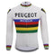 The Peugeot BP Michelin Retro Cycling Jersey, available with fleece, features a front zipper and PEUGEOT BP MICHELIN text. Its vibrant chest and cuff rainbow stripes evoke the classic cycling spirit of Eddy Merckxs era.