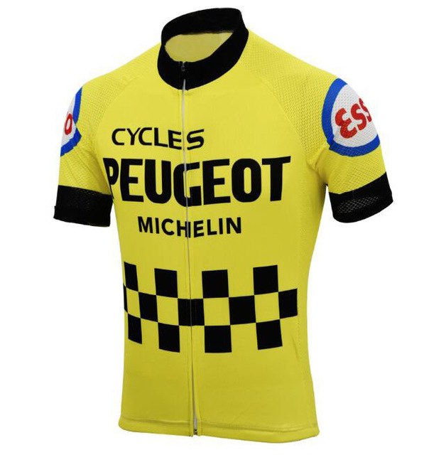 The Peugeot Esso Michelin Retro Cycling Jersey has a bright yellow color with black CYCLES PEUGEOT MICHELIN text and a checkered hem. It features red and blue circular Esso logos on the sleeves and mimics classic team looks, topped off with a full front zipper.