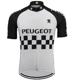 The Peugeot Retro Cycling Jersey showcases a classic white and black checkered design with PEUGEOT on the chest. Black sleeves feature the iconic lion logo, echoing vintage cycling style. A full front zipper adds both style and functionality.