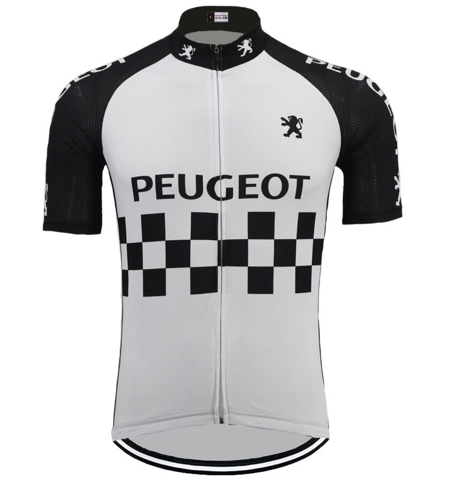 The Peugeot Retro Cycling Jersey showcases a classic white and black checkered design with PEUGEOT on the chest. Black sleeves feature the iconic lion logo, echoing vintage cycling style. A full front zipper adds both style and functionality.