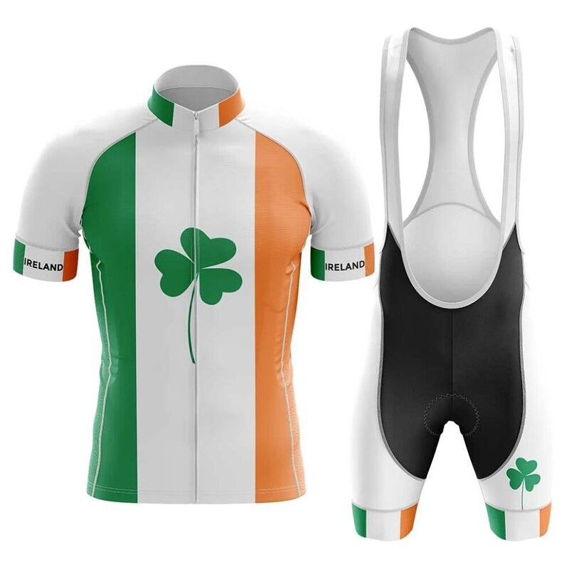 The Ireland Pro Team Cycling Jersey Sets feature a lightweight jersey with green, white, and orange stripes showcasing the Irish flag. It includes a central green shamrock, Ireland on the sleeves, and black-accented bib shorts with a silicone waist strip for comfort during rides.