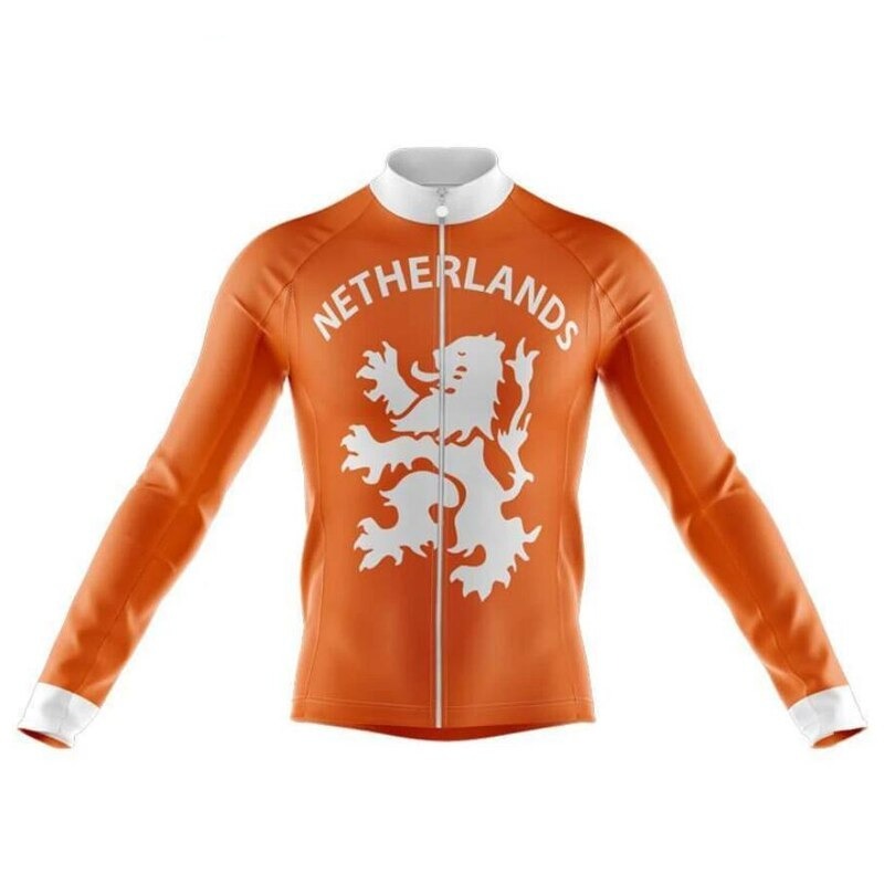 The Netherlands Retro Cycling Jersey (with Fleece Option) features a bold orange design with Netherlands and a white lion emblem on the front, complemented by white cuffs and collar. It captures the essence of classic cycling jerseys against a plain white background.