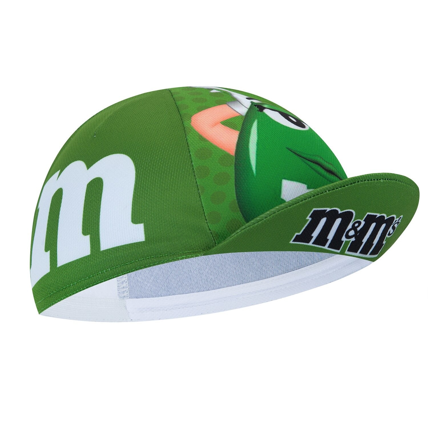 The M&Ms Retro Cycling Cap is green with a characters eye peeking through M&Ms iconic logo and design. It features vintage styling with distinctive brand lettering on the side and visor, and its tilted slightly upward.