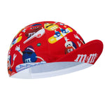 The M&Ms Retro Cycling Cap is red with colorful M&Ms characters engaged in fun activities and features a white sandwich brim. The classic logo adorns the front, offering a playful vintage cycling vibe.