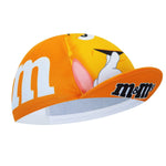 The M&Ms Retro Cycling Cap features a vibrant design with an orange M&M character, showcasing a white m logo on the side and m&ms on the brim, against a vivid orange backdrop for a classic cycling look.