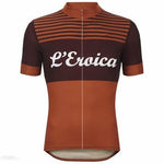 The LEroica Gaiole in Chianti Retro Cycling Jersey is a vintage short-sleeved design in brown and orange with horizontal stripes on the chest and shoulders, featuring LEroica elegantly scripted on the front, capturing the timeless spirit of retro cycling.