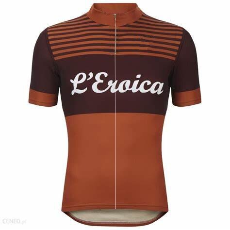 The LEroica Gaiole in Chianti Retro Cycling Jersey is a vintage short-sleeved design in brown and orange with horizontal stripes on the chest and shoulders, featuring LEroica elegantly scripted on the front, capturing the timeless spirit of retro cycling.