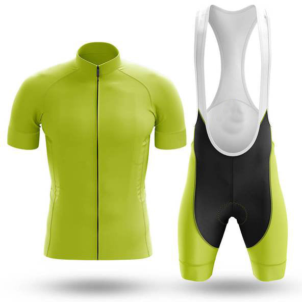 The Plain Green Cycling Jersey Set is made from lightweight polyester for comfort. It includes a short-sleeve jersey with a full front zipper and bib shorts featuring a black panel, white straps, and gel seat pad. Both pieces provide a smooth, fitted design.
