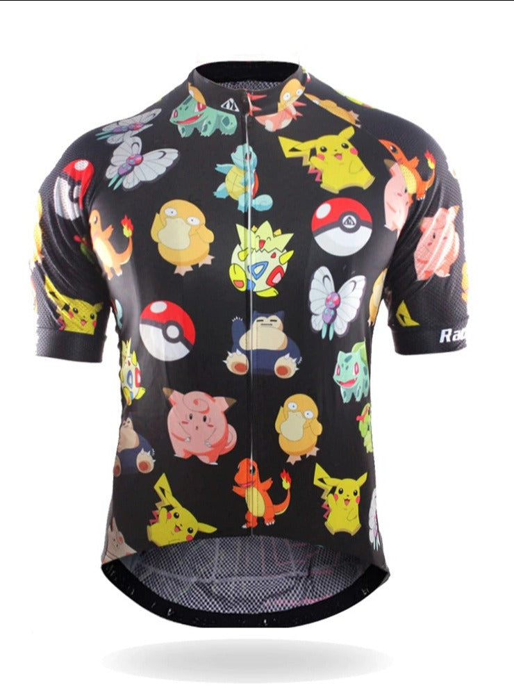 The Pokemon Cycling Jersey features colorful characters like Pikachu on a dark backdrop with Pokeballs. Made from lightweight polyester, it includes short sleeves and a full-length zipper, ideal for any fans ride.