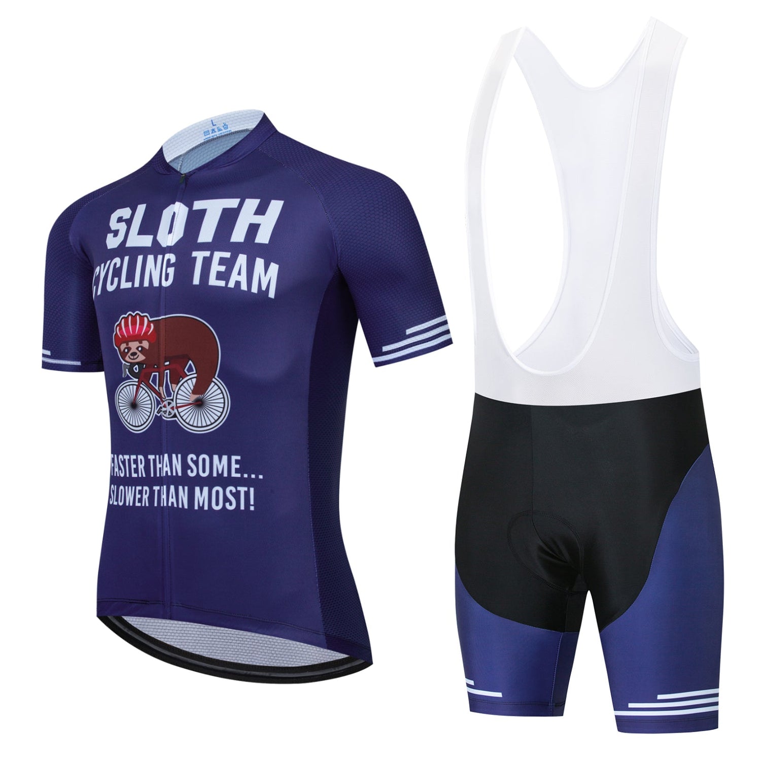 Ride in style with the Purple Sloth Cycling Team Set, a lightweight polyester cycling outfit including a blue jersey and black-blue bib shorts. It features a cartoon sloth on a bike and the slogan Sloth Cycling Team: Faster Than Some... Slower Than Most!.