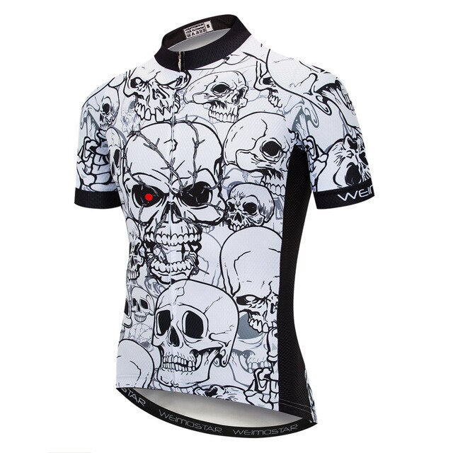Feel the thrill in our Red Eye Skull Cycling Jersey, showcasing a bold black and white skull design with a red eye. This short-sleeve jersey features a front zipper and branded text on the sleeves and hem for an edgy look.