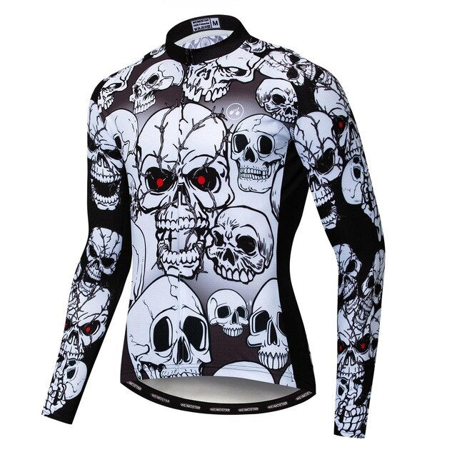 The Red Eye Skull Long Sleeve Cycling Jersey showcases a striking gothic design with bold white skulls and red eyes set against a black background.