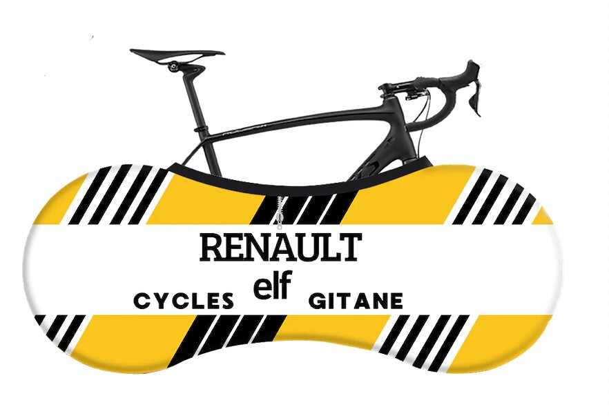 The Renault Elf Gitane Bike Sock features a sleek black frame and a retro vibe, with yellow and white wheel covers displaying black diagonal stripes and the iconic Renault Elf Gitane name, highlighting its nostalgic racing heritage.