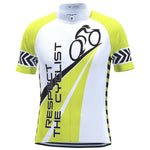 The Respect the Cyclist Retro Cycling Jersey features a bold design with a cyclist graphic and RESPECT THE CYCLIST in black on a white/yellow background. The sleeves have a black-and-white zigzag pattern for added flair, emphasizing safety.