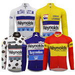 Introducing five vibrant retro cycling jerseys, each uniquely designed with sponsor logos like Reynolds Alumino. Featuring a yellow Credit Lyonnais jersey and multicolored patterns in blue and red, these fleece-lined options blend style with comfort.