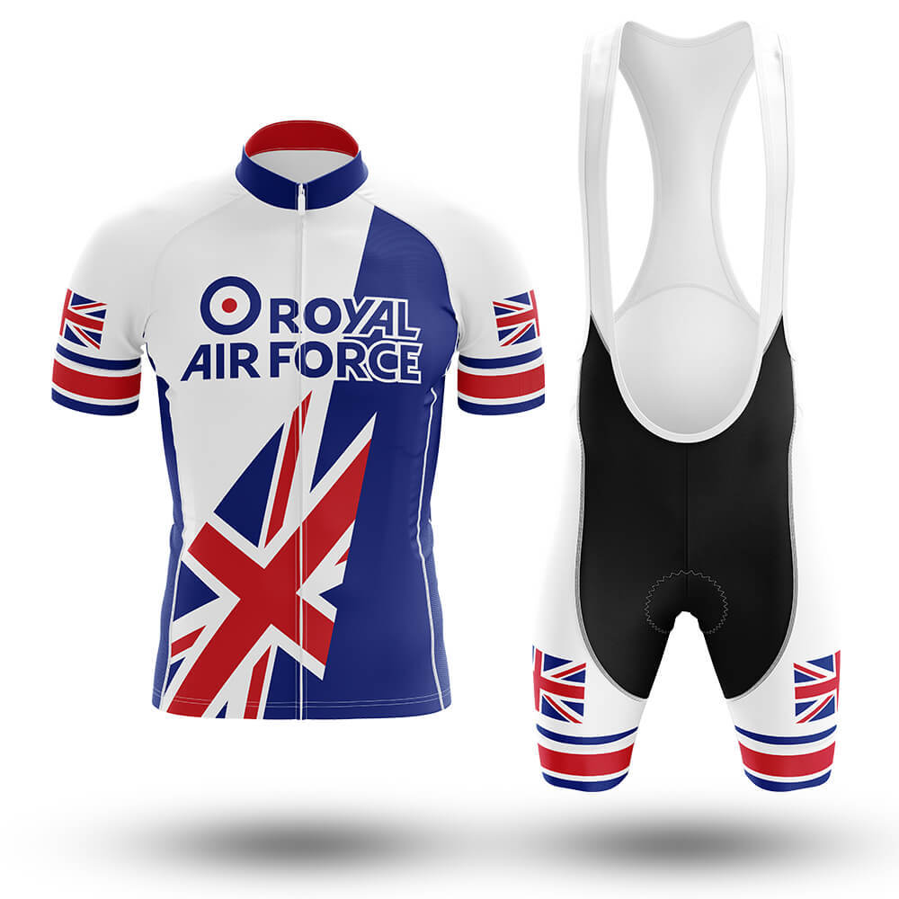 The Royal Air Force Retro Cycling Jersey Set features a lightweight polyester jersey in white and blue with Royal Air Force text, Union Jack accents, black bib shorts, white straps, gel seat pads for comfort, and Union Jack details on the legs.
