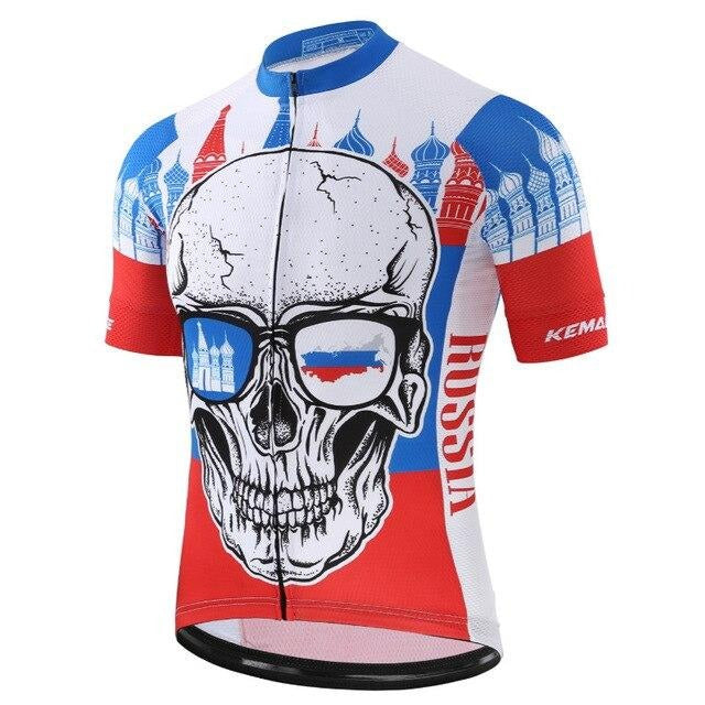 Discover the Russia Skull Cycling Jersey, crafted from lightweight polyester. It boasts a bold skull wearing sunglasses—one with Saint Basils Cathedral reflection and the other with a map of Russia. Russia is framed in red, white, and blue on the right side.