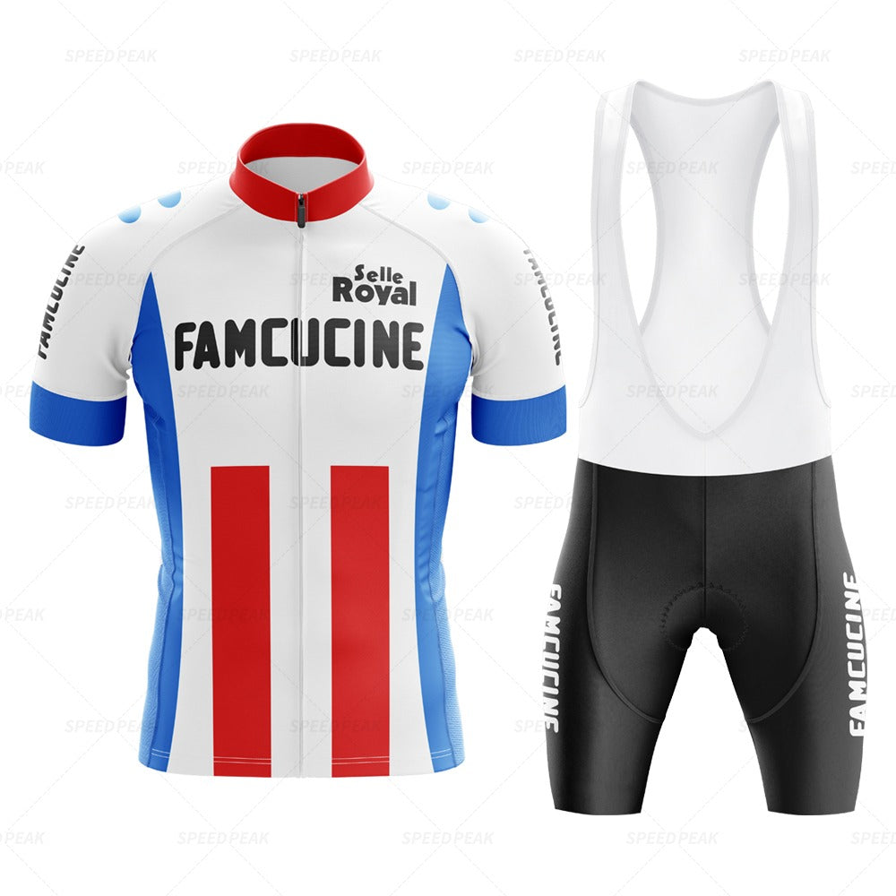 The Famcucine Selle Royal Retro Cycling Jersey Set includes a white, blue, and red short-sleeve jersey with FAMCUCINE and Selle Royal logos, reminiscent of Francesco Mosers era, paired with black bib shorts featuring a FAMCUCINE logo for a vintage style.