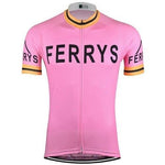 The Ferrys Retro Cycling Jersey is a pink, 1960s-style jersey featuring FERRYS in bold black on the front and sleeves. It includes yellow and black trim on the neckline and sleeve edges plus a practical front zipper, ideal for any Ferrys cycling team fan.