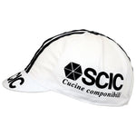 Vintagecycling.shops SCIC Cucine Conponibili Retro Cycling Cap in crisp white features SCIC Cucine componibili text, a geometric logo on the side, and dual black stripes across the top, encapsulating classic cycling style.