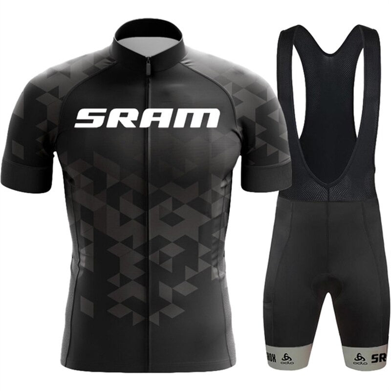 The SRAM Retro Cycling Jersey Set includes a black and gray geometric-patterned jersey made from breathable performance fabric, accompanied by black bib shorts.