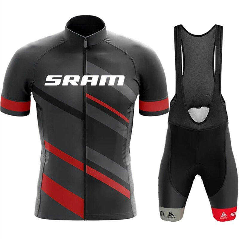 The SRAM Retro Cycling Jersey Set includes a black and red short-sleeve jersey with SRAM Retro Cycling Jersey text, featuring a zip-up front made from lightweight polyester, along with matching bib shorts adorned with red and gray geometric stripes.