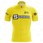 The Salvarani 1972 Retro Cycling Jersey Set features a yellow short-sleeve jersey with Salvarani logos on the chest and arms, a white zip down the center, and black text that recalls Felice Gimondis iconic 1972 rides.