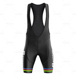 Black cycling bib shorts with rainbow leg stripes and SAVARAMI text on the sides. This sleek design includes shoulder straps and a padded seat, echoing the classic style of Felice Gimondis era, as part of the Salvarani 1972 Retro Cycling Jersey Set.