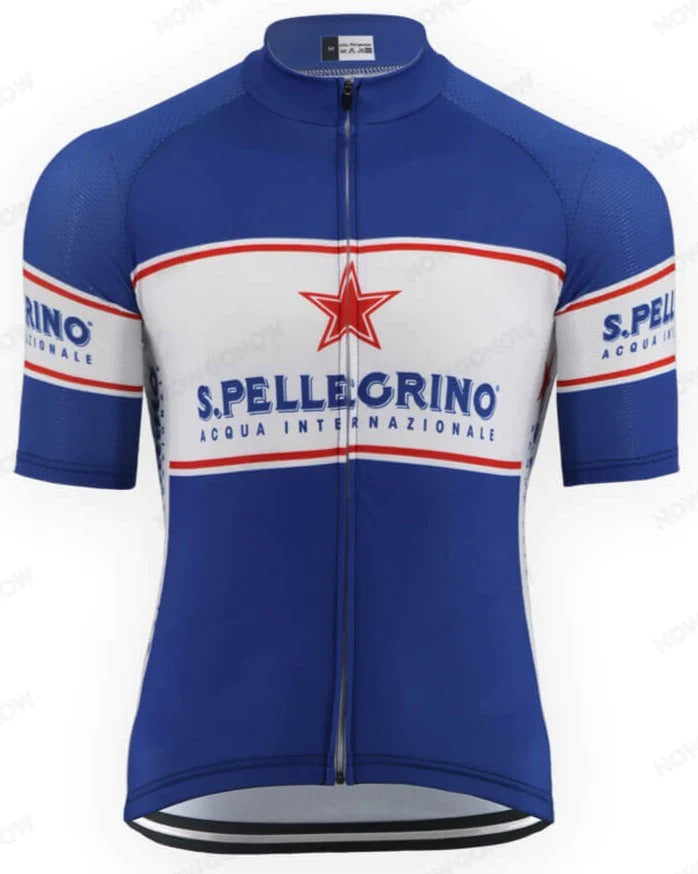 The San Pellegrino Blue Short Sleeve Retro Cycling Jersey features S.Pellegrino Acqua Internazionale in blue on a white stripe, with a charming red star on the front and sleeves, embodying timeless elegance.