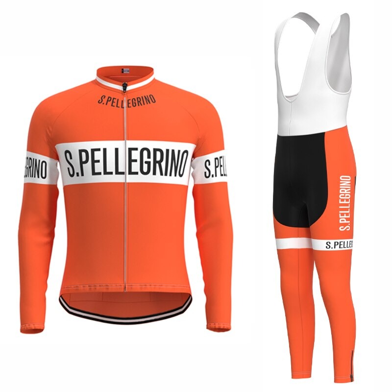The San Pellegrino Retro Cycling Jersey Long Set boasts a vibrant orange and white design with black accents. It includes a long-sleeve jersey with a front zipper and matching bib tights. For added comfort, choose the fleece-lined version or enjoy the gel seat pad in the bib tights.