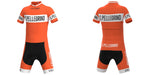 The San Pellegrino Retro Cycling Jersey Set includes an orange jersey and shorts with S. Pellegrino in white bands on sleeves, chest, and sides. It features short sleeves, black accents on the lower torso and legs, is made from breathable polyester, and is shown from both front and back views.