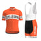 The San Pellegrino Retro Cycling Jersey Set features a lightweight polyester jersey with white S. Pellegrino text panels, short sleeves, and a zip front. The bib shorts have black shorts with an orange side stripe and white bib straps for breathability and comfort.
