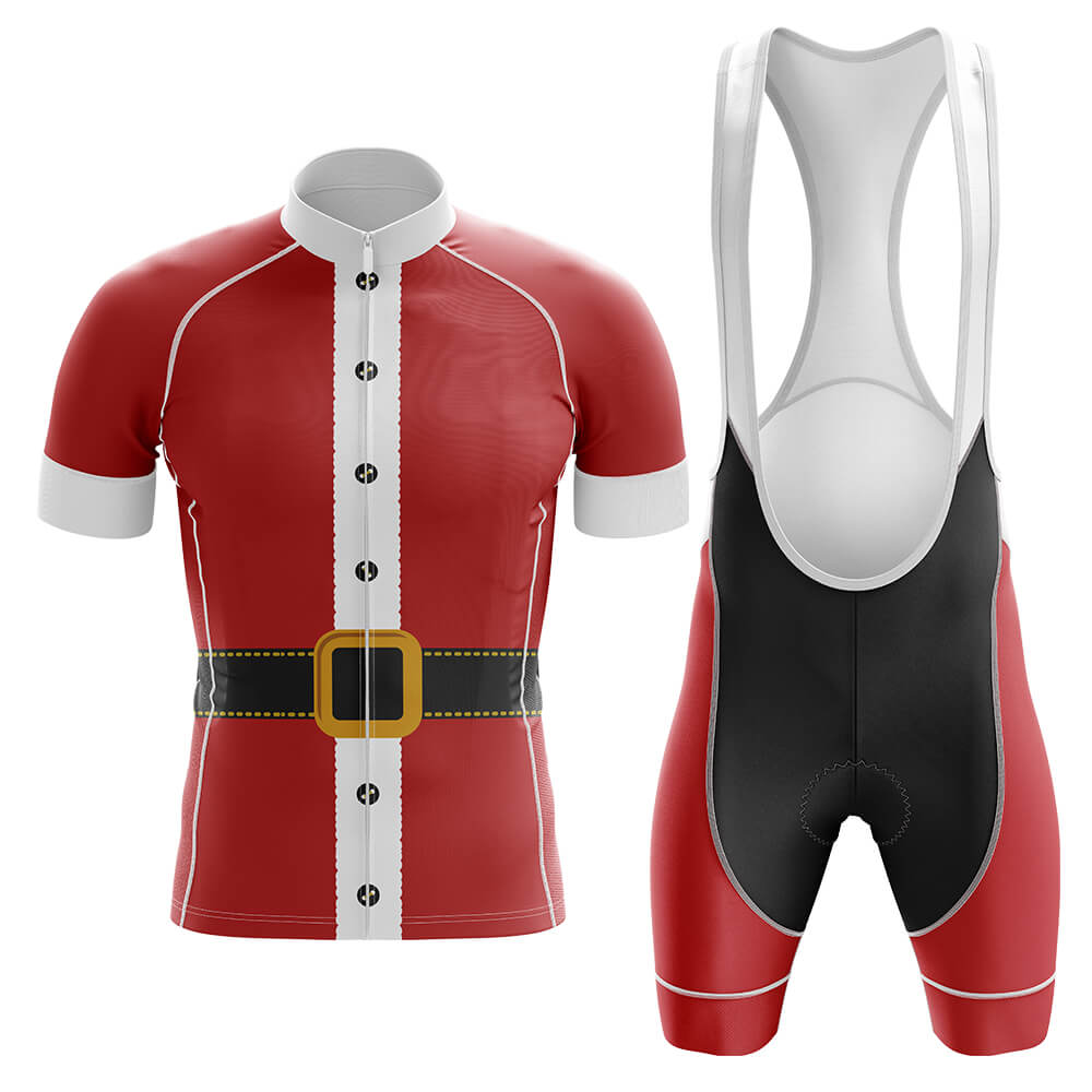 The Santa Claus Retro Cycling Jersey Set is a red and white lightweight polyester bike outfit styled like Santas attire, featuring a printed belt and buttons.