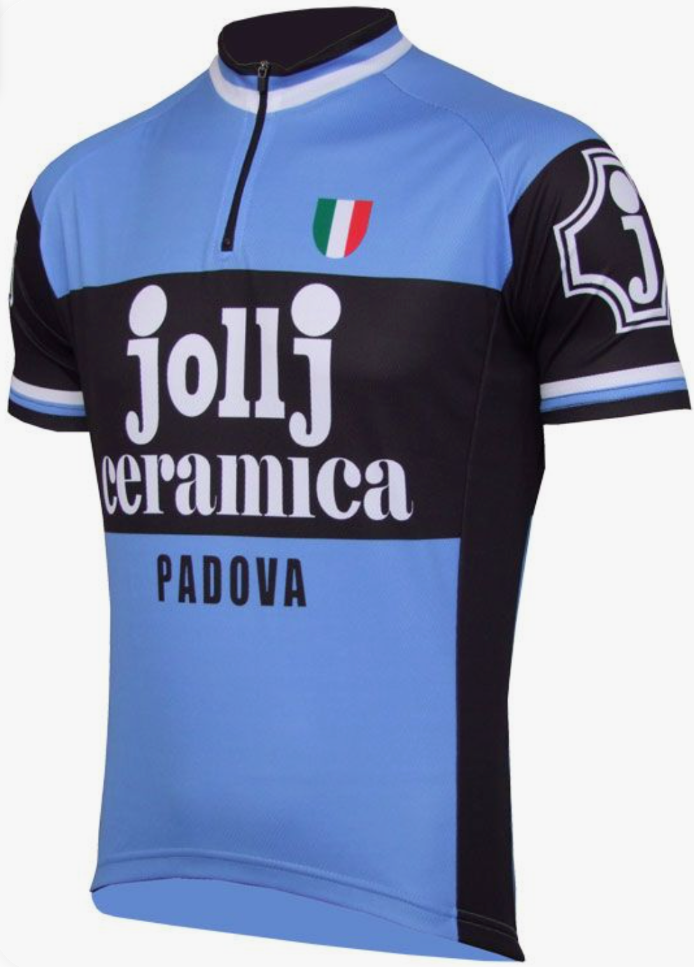 The Jollj Ceramica Retro Cycling Jersey features a blue and black design with a small Italian flag crest, Jollj Ceramica in bold white letters above PADOVA, inspired by the 1970s cycling team. It includes a short front zipper and striped sleeve accents.