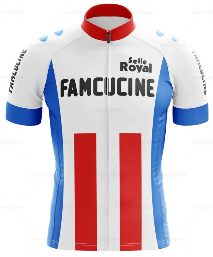 The Famcucine Selle Royal Retro Cycling Jersey Set boasts red vertical stripes with blue side panels and sleeves. FAMCUCINE is prominently displayed on the front, with Selle Royal above, nodding to the Francesco Moser era. A red collar contrasts its mainly white background.