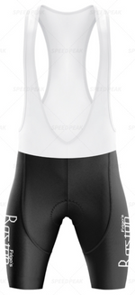 The Frigos Boston Retro Cycling Jersey Set includes black and white bib shorts with logoed thighs, white straps, and a padded seat for comfort on long rides.